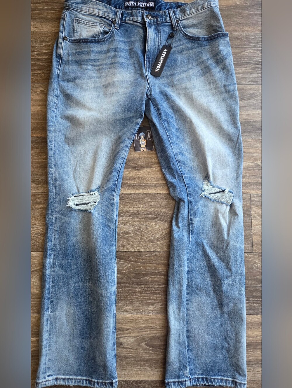 Affliction Ace Cesar Light Wash Blue Distressed Slim Straight Jeans 36x32